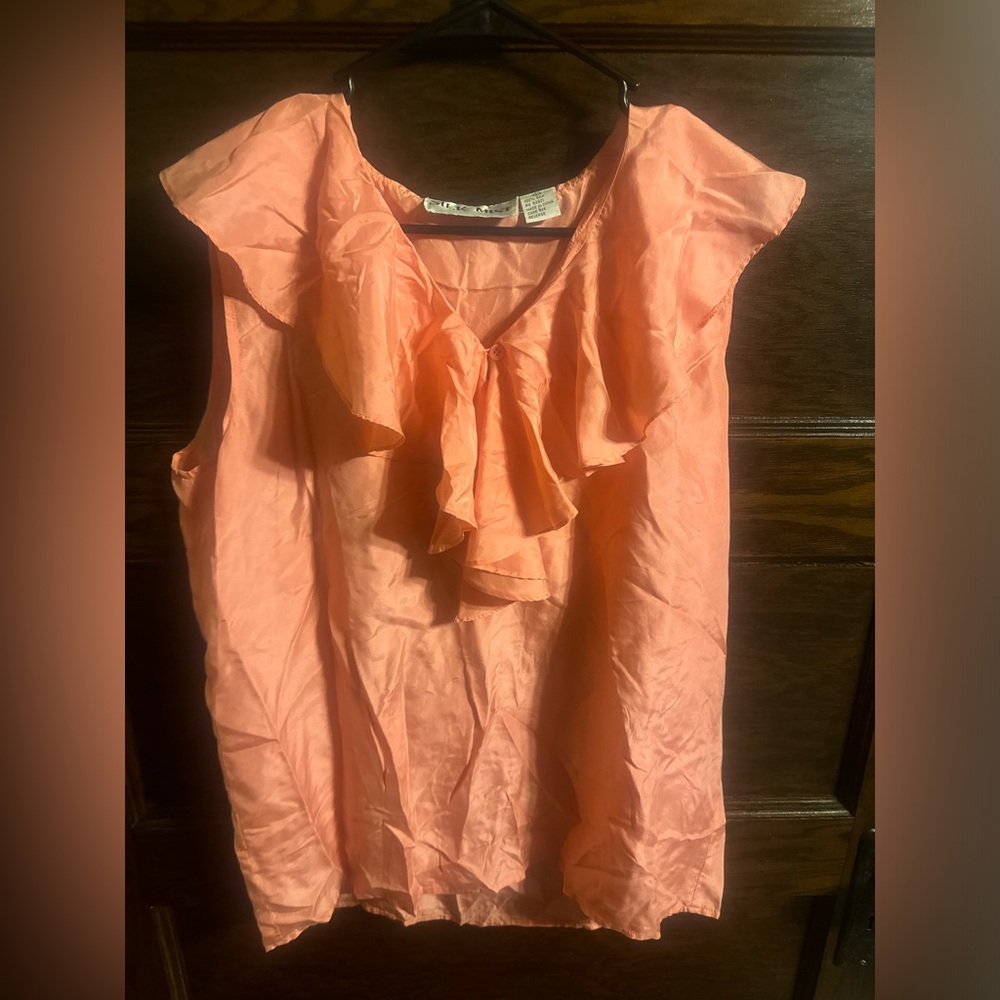 100% Silk, Vintage Silk Mist, Ruffle Sleeveless Top, Size Large